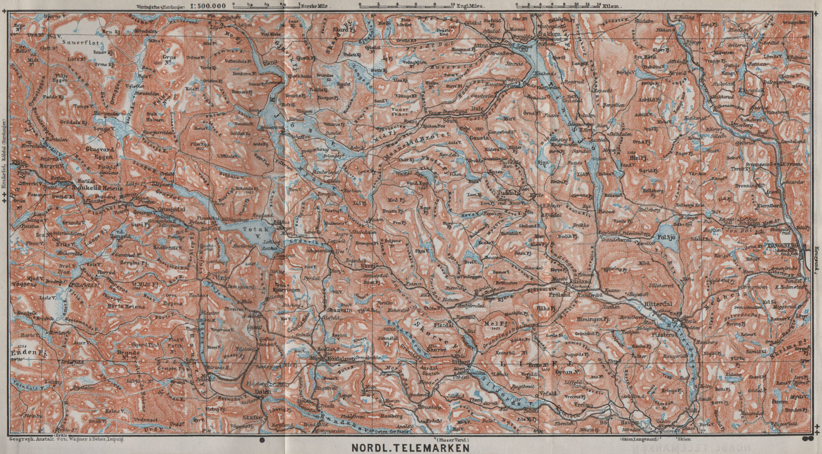 NORTH TELEMARKEN topo-map. Kongsberg Dalen Bakken. Norway kart 1909 old
